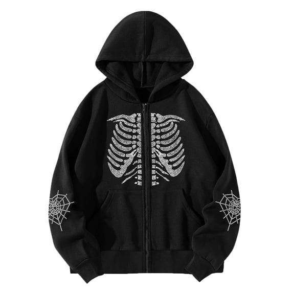 XIAOCHA Womens Rhinestone Skeleton Print Hoodie Oversized Long Sleeve Hooded Zip Up Jacket Soft Gothic Street Hoodies