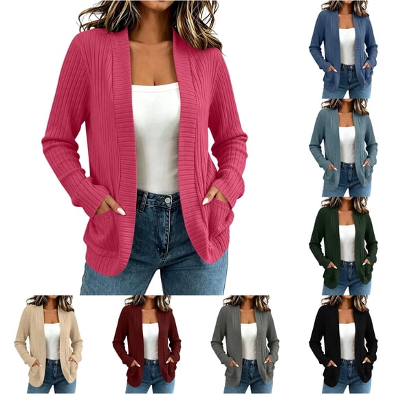 XIAOCHA Womens Ribbed Knit Cardigan Open Front Long Sleeve Pocket Outerwear Sweater
