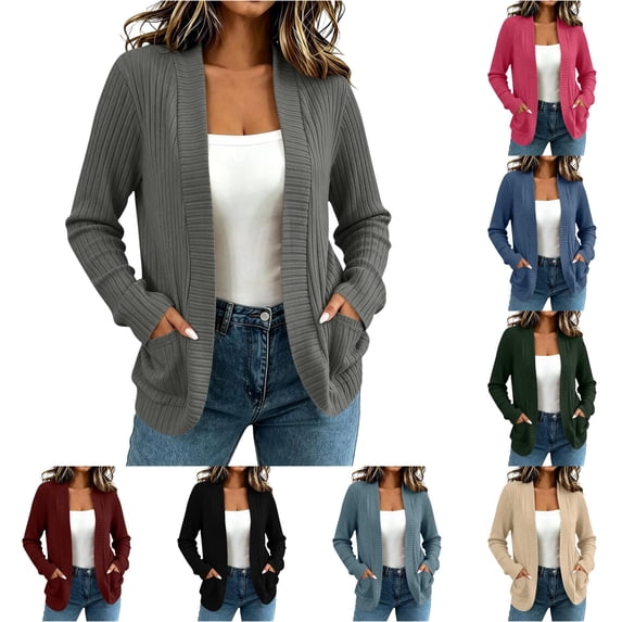 XIAOCHA Womens Ribbed Knit Cardigan Open Front Long Sleeve Pocket Outerwear Sweater