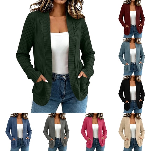 XIAOCHA Womens Ribbed Knit Cardigan Open Front Long Sleeve Pocket Outerwear Sweater