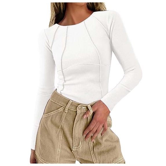 XIAOCHA Womens Ribbed Seam Bodysuit Fitted Long Sleeve Crew Neck Pullover Tops Stretchy Edgy Weekend Bodysuits