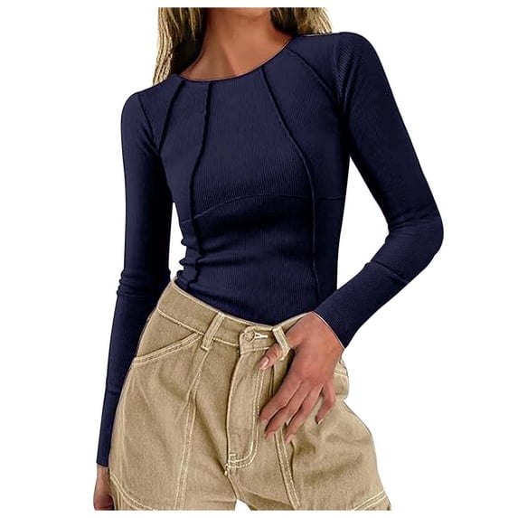 XIAOCHA Womens Ribbed Seam Bodysuit Fitted Long Sleeve Crew Neck Pullover Tops Stretchy Edgy Weekend Bodysuits