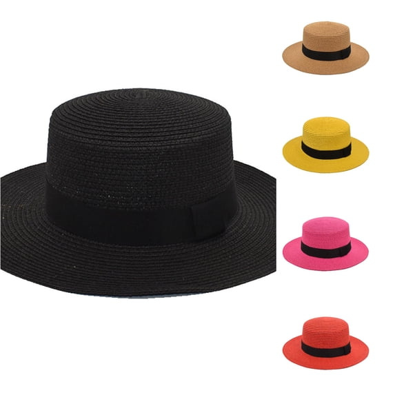 XIAOCHA Womens Ribbon‑Band Boater Hat Breathable Sun Hat Beach Dress Hat,Black