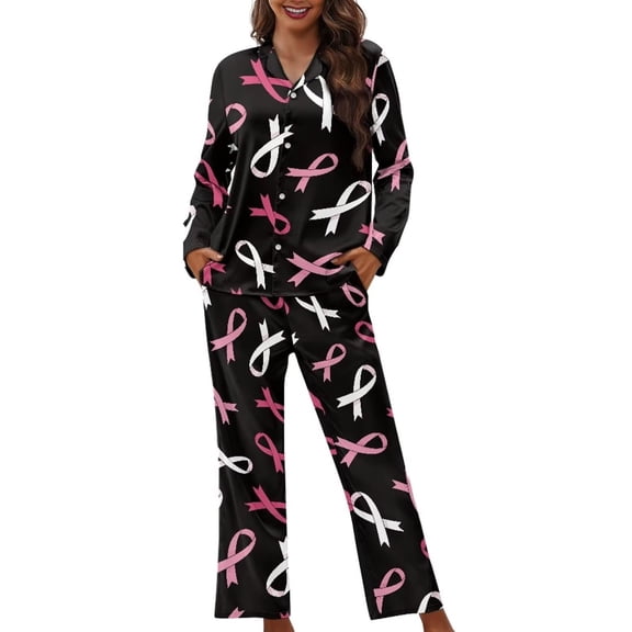 XIAOCHA Womens Ribbon Print Sleepwear Set Silky Button Front Long Sleeve Breathable Casual Night Suit