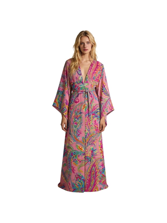 Womens Rose Print Long Bell Sleeve Kimono Robe V Neck Wrap Tie Satin Loungewear