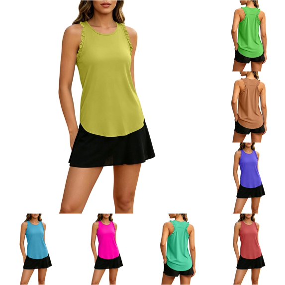 XIAOCHA Womens Ruffle Razorback Tank Top Sleeveless Curved Hem Activewear Training Blouse