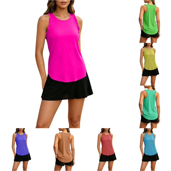XIAOCHA Womens Ruffle Razorback Tank Top Sleeveless Curved Hem Activewear Training Blouse