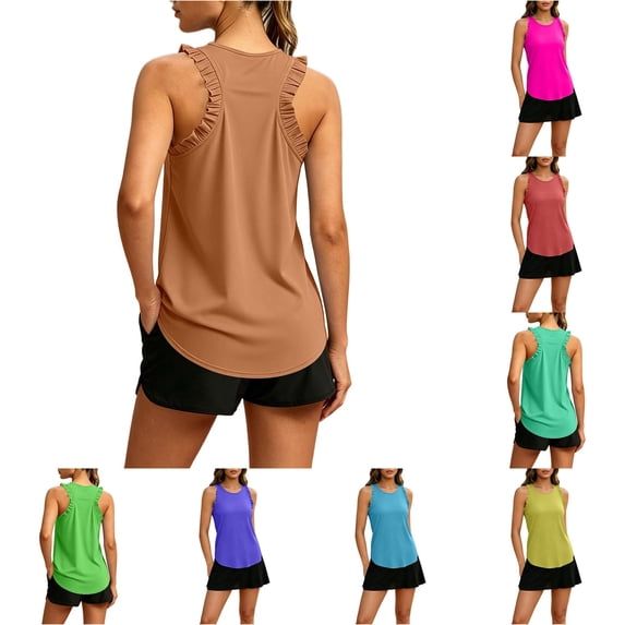 XIAOCHA Womens Ruffle Razorback Tank Top Sleeveless Curved Hem Activewear Training Blouse