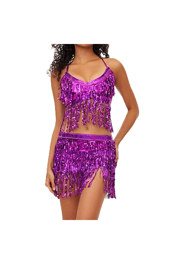 Womens Sequin Fringe Two Piece Set Halter Crop Top Mini Skirt Shiny Glamorous Party Outfits