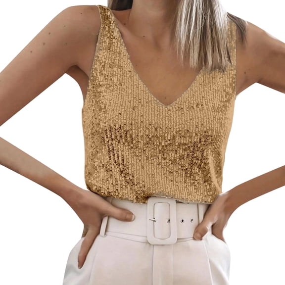 XIAOCHA Womens Sequined V Neck Tank Top Shimmering Glamorous Modern Party Chic Cami Shirt