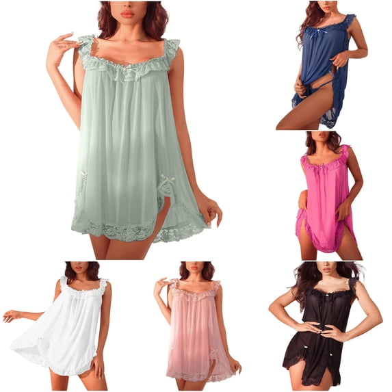 XIAOCHA Womens Sheer Lace Lingerie Off Shoulder Ruffle Bow Decor Nightgown