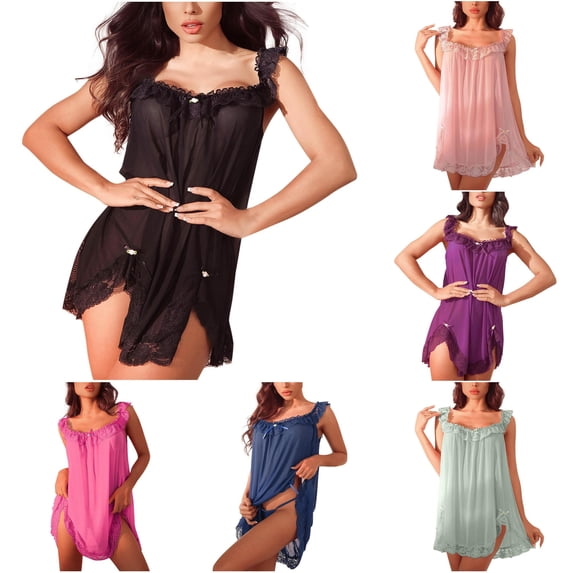 XIAOCHA Womens Sheer Lace Lingerie Off Shoulder Ruffle Bow Decor Nightgown
