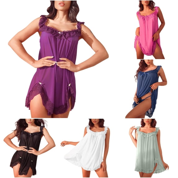 XIAOCHA Womens Sheer Lace Lingerie Off Shoulder Ruffle Bow Decor Nightgown