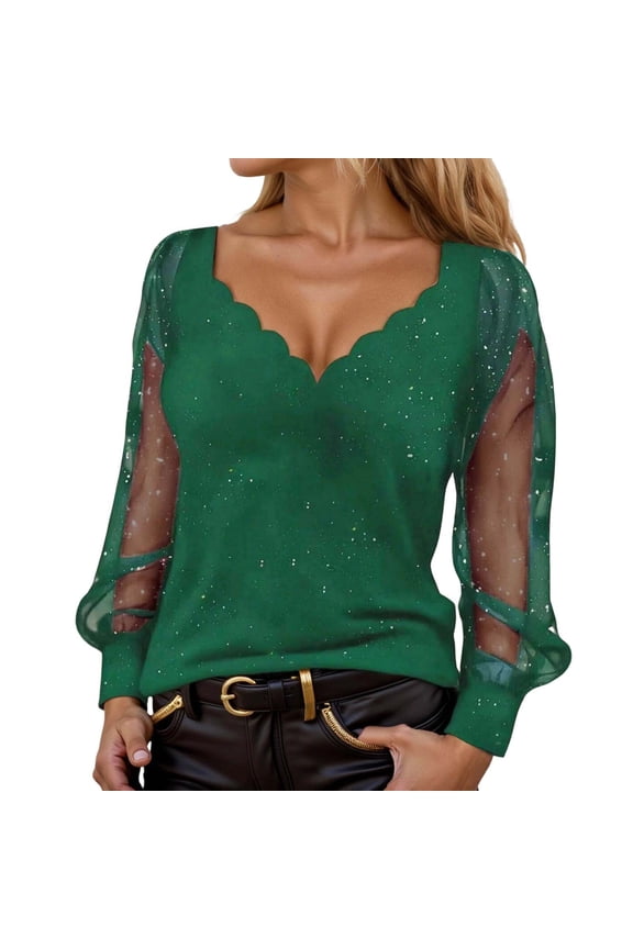 Womens Sheer Mesh Glitter Blouse Long Sleeve Scallop V Neck Pullover Top Stretchy Glamorous Evening Blouses
