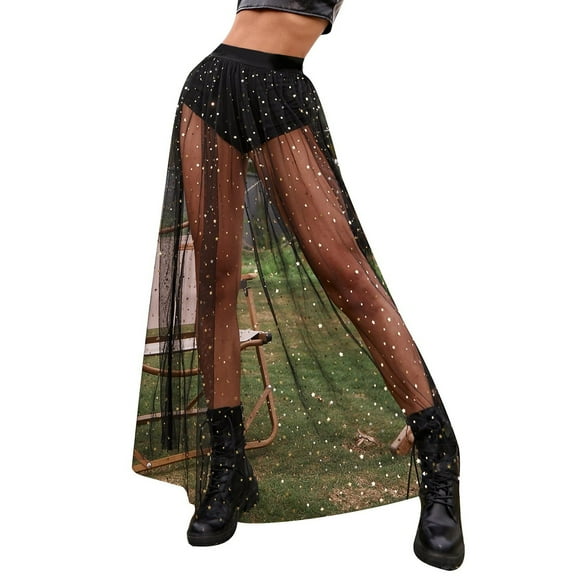 XIAOCHA Womens Sheer Mesh High Waist Galaxy Print A Line Maxi Skirt Underskirt