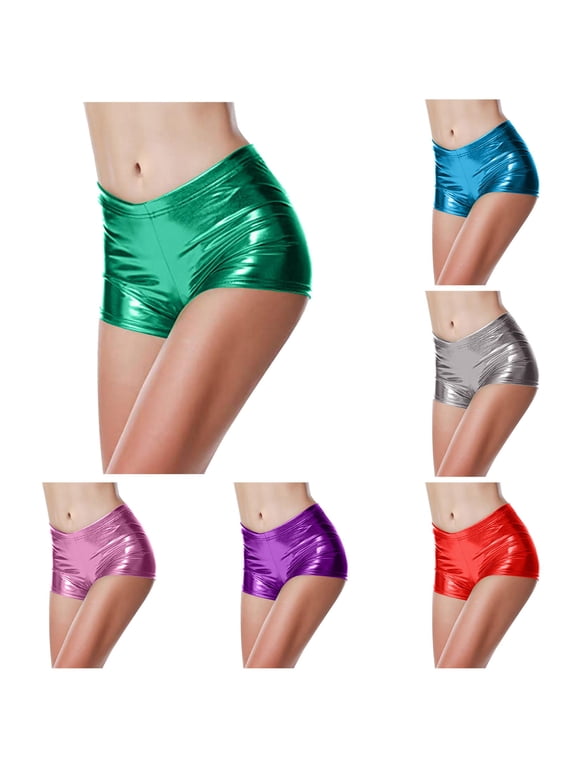 Womens Shiny Metallic Mid Waist Booty Shorts Night Club Rave Dance Stretchy Slim Fit Hot Pants