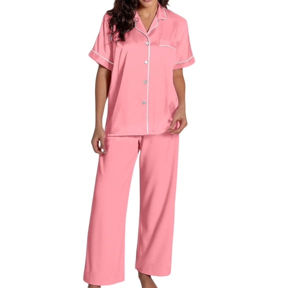XIAOCHA Womens Silky Satin Sleepwear Set Contrast Piping Short Sleeve Button Front Casual Night Suit
