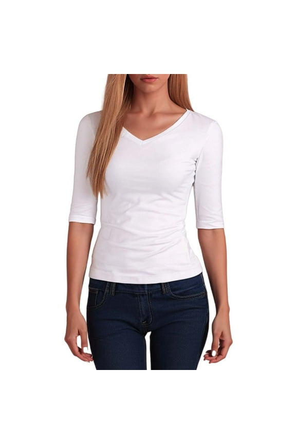 Womens Slim Fit V Neck Tees Three Quarter Sleeve Form Fitting Tops Casual Daily Office Blouses