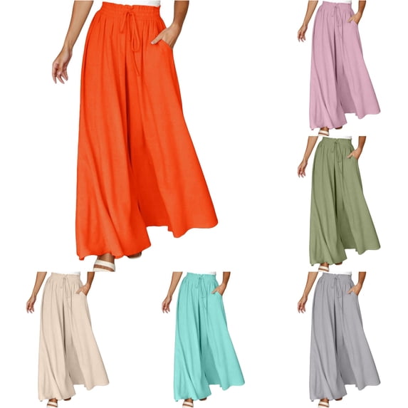 Poclets XIAOCHA Womens Smocked Drawstring Waist Wide Leg Pants Side Pockets ...