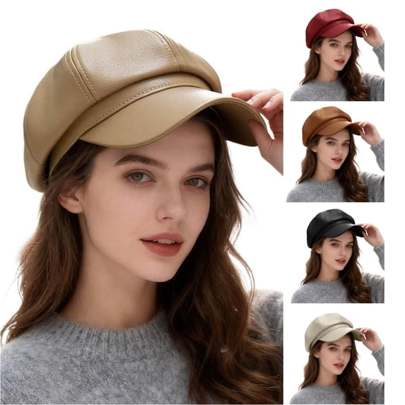 XIAOCHA Womens Smooth Pu Newsboy Cap Solid Close‑Fit Newsboy Caps Street Outing Newsboy Hat,Khaki