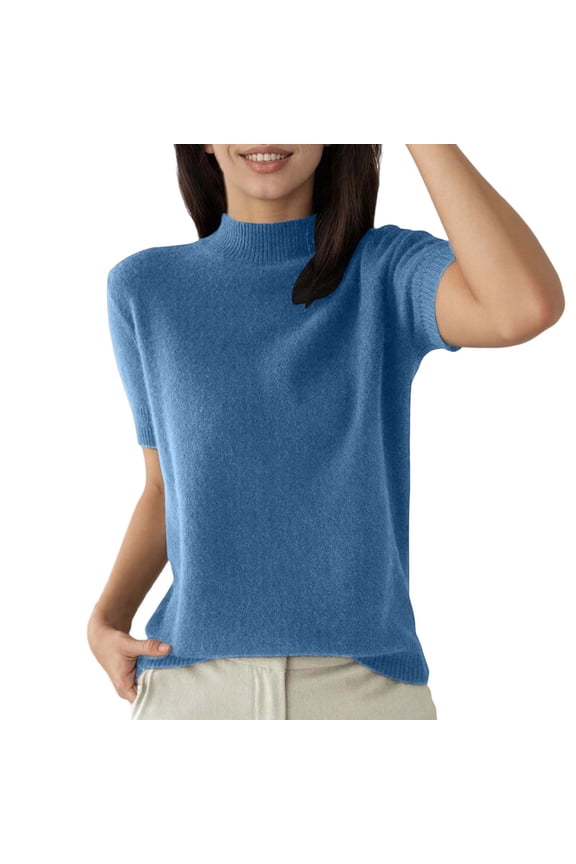 Womens Soft Ribbed Half Turtleneck Short Sleeve Knit Sweater Slim Comfy Daily Casual Pullover