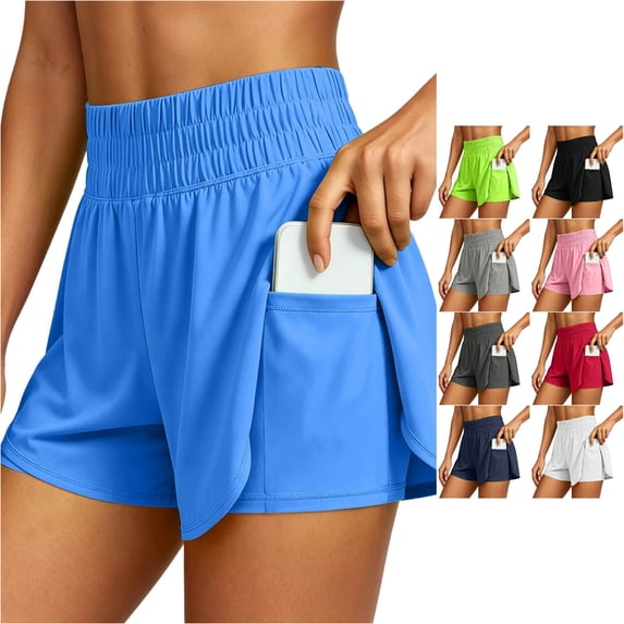 XIAOCHA Womens Solid Athletic Shorts Smocked High Waist Side Split Pocket Gym Bermudas