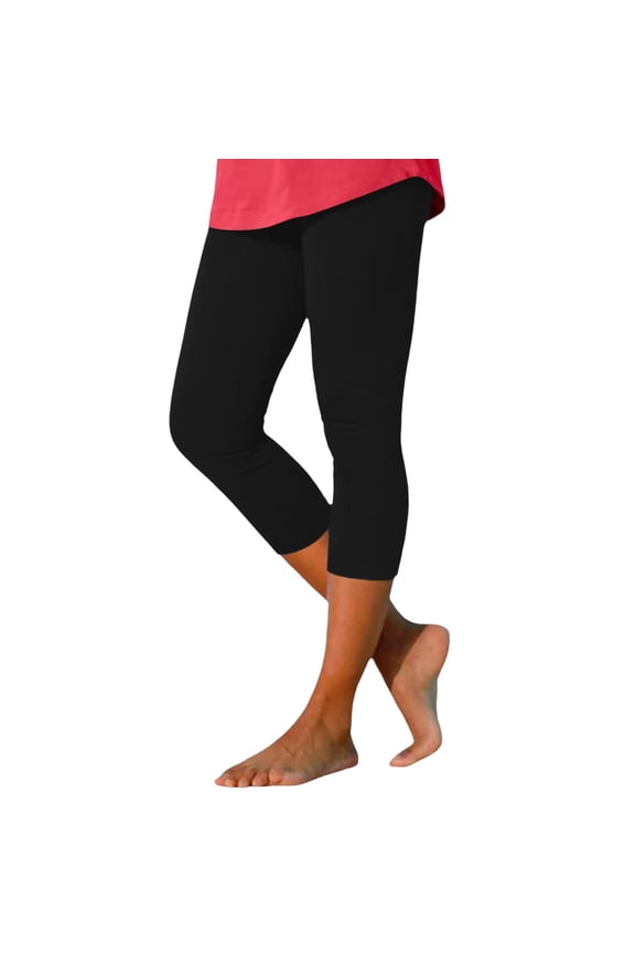 Womens Solid Basic Capri form Fitting Calf Length Elastic Waist Legging Stretchy Athletic Workout Leggings