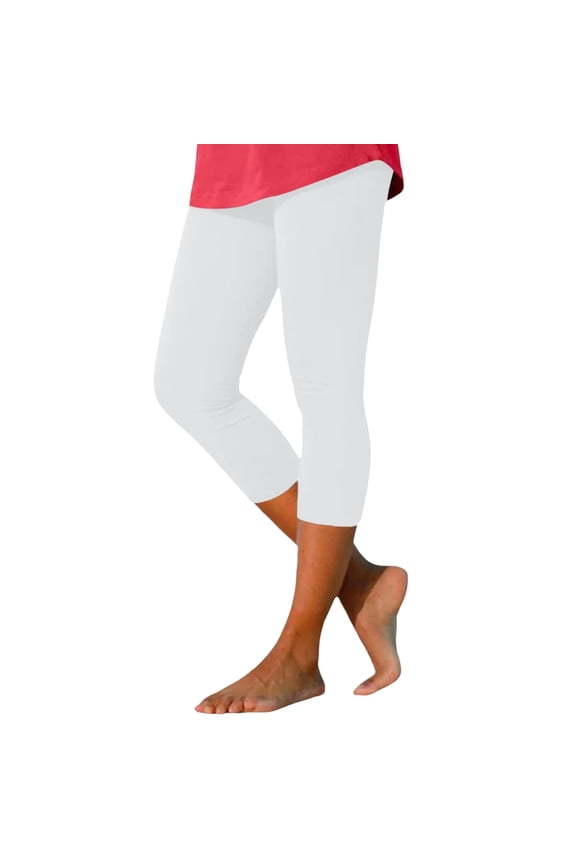 Womens Solid Basic Capri form Fitting Calf Length Elastic Waist Legging Stretchy Athletic Workout Leggings
