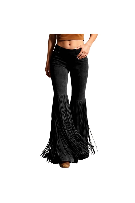 Womens Solid Color Flare Pants High Waist Full Fringe Trim Trousers Retro Party Wear Bottoms