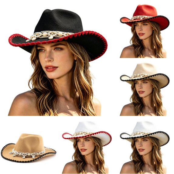 XIAOCHA Womens Solid Cowboy Hat Shell Bead Trimming Outdoor Farm Wide Brim Western Hat,Black