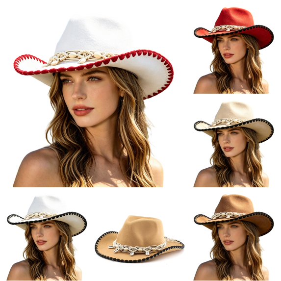 XIAOCHA Womens Solid Cowboy Hat Shell Bead Trimming Outdoor Farm Wide Brim Western Hat,White2