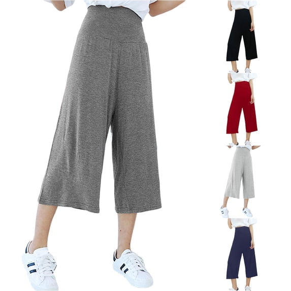 XIAOCHA Womens Solid Cropped Wide Leg Pants High Waist Loose Fit Daily Capris