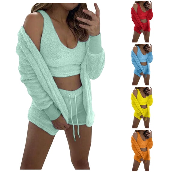 XIAOCHA Womens Solid Fuzzy Outfit Set Three Piece Sleeveless Loungewear Sleepwear