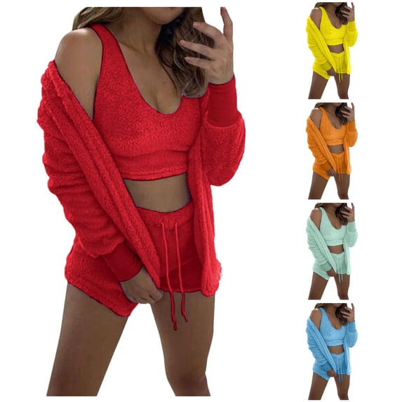 XIAOCHA Womens Solid Fuzzy Outfit Set Three Piece Sleeveless Loungewear Sleepwear