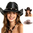 thumbnail image 1 of XIAOCHA Womens Solid Leather Cowboy Hat Beaded Trimming Outdoor Rodeo Wide Brim Western Hat,Black, 1 of 4