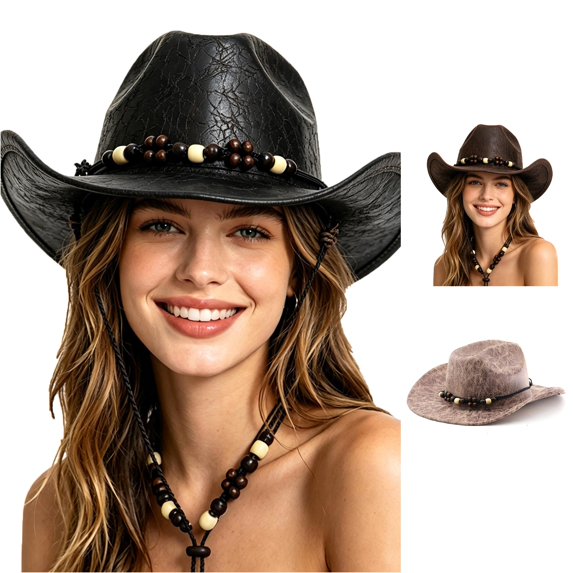 XIAOCHA Womens Solid Leather Cowboy Hat Beaded Trimming Outdoor Rodeo Wide Brim Western Hat,Black
