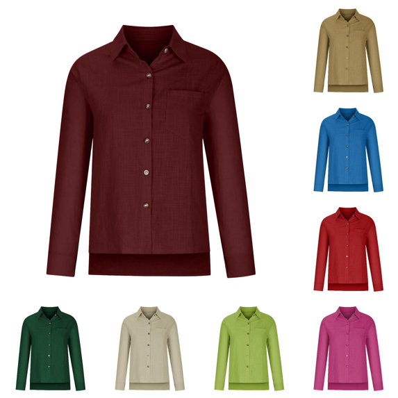 XIAOCHA Womens Solid Long Sleeve Shirt Collared Button Pocket Daily Casual Tops