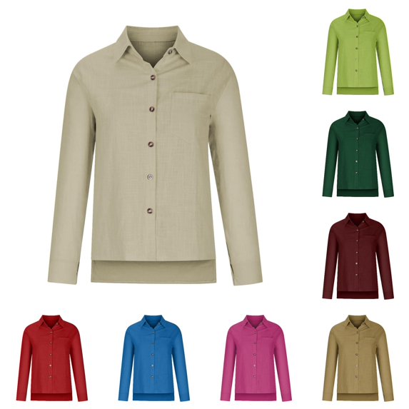 XIAOCHA Womens Solid Long Sleeve Shirt Collared Button Pocket Daily Casual Tops