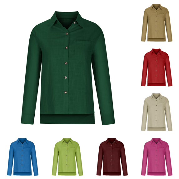XIAOCHA Womens Solid Long Sleeve Shirt Collared Button Pocket Daily Casual Tops