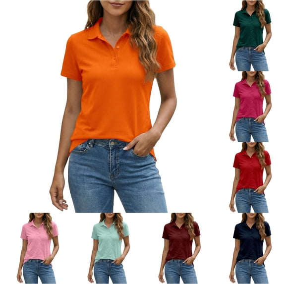 XIAOCHA Womens Solid Polo Shirt Collared Short Sleeve Button Placket Golf Top Casual Blouse