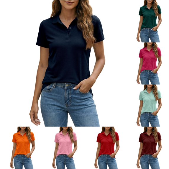 XIAOCHA Womens Solid Polo Shirt Collared Short Sleeve Button Placket Golf Top Casual Blouse