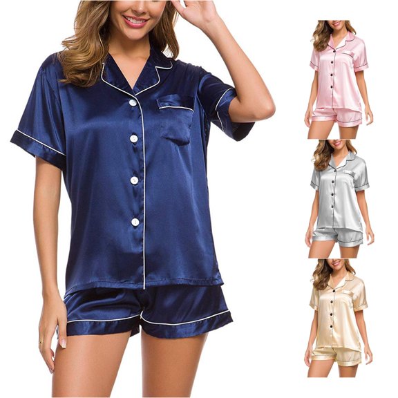 XIAOCHA Womens Solid Satin Pajama Set Lapel Button Short Sleeve Sleep Set