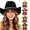 thumbnail image 1 of XIAOCHA Womens Solid Suede Cowboy Hat Braided Western Hats Outdoor Sun Protection Wide Brim Western Hat,Black, 1 of 3