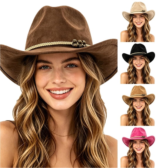XIAOCHA Womens Solid Suede Cowboy Hat Braided Western Hats Outdoor Sun Protection Wide Brim Western Hat,Coffee