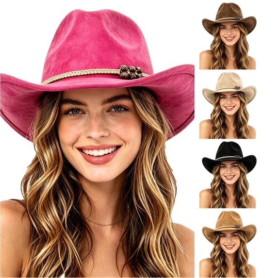 XIAOCHA Womens Solid Suede Cowboy Hat Braided Western Hats Outdoor Sun Protection Wide Brim Western Hat,Hot Pink