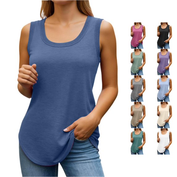 XIAOCHA Womens Solid Tank Top U Neck Sleeveless Curved Hem Casual Daily Blouse