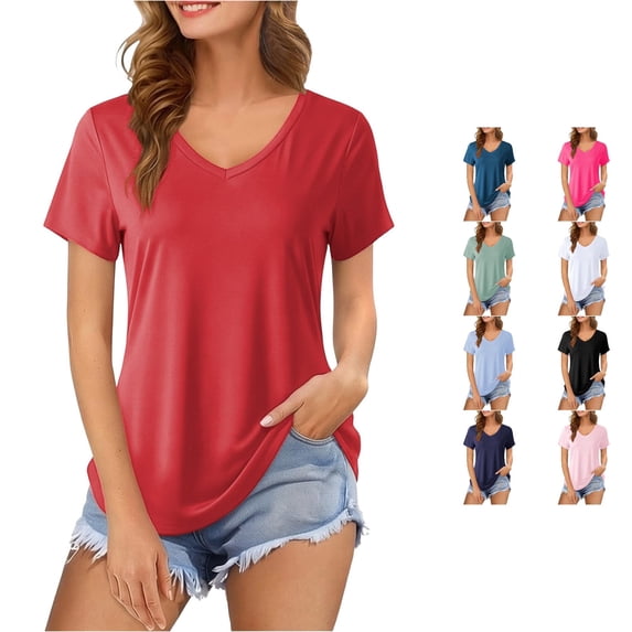 XIAOCHA Womens Solid V Neck T Shirt Short Sleeve Curved Hem Daily Casual Tees