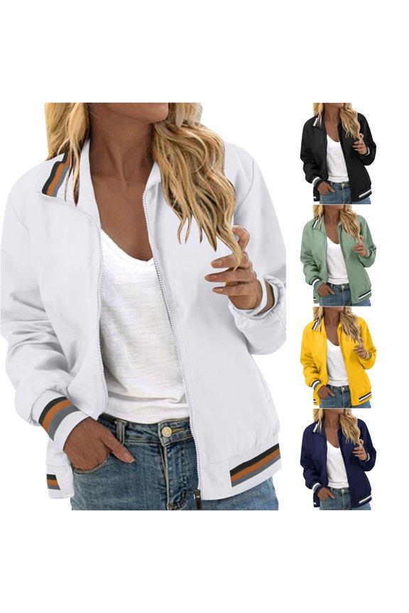Womens Stripe Rib Trim Bomber Jacket Solid Black Stand Collar Zip Up Pocket Daily Coat