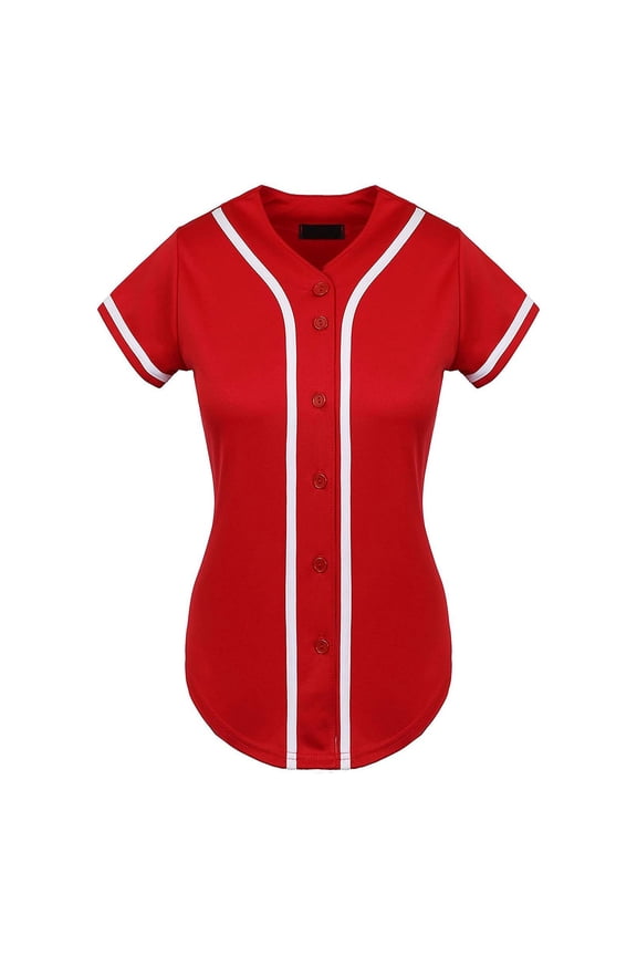 Womens Striped Baseball Jersey Short Sleeve V Neck Button Up Top Breathable Sporty Athletic Tops