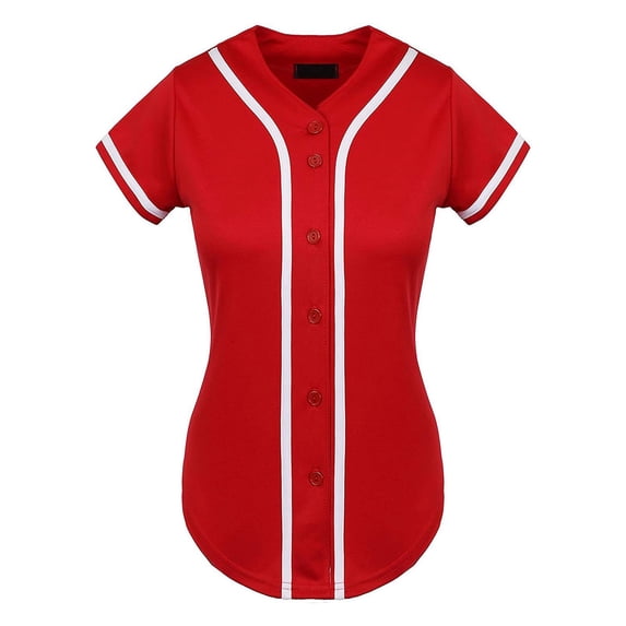 XIAOCHA Womens Striped Baseball Jersey Short Sleeve V Neck Button Up Top Breathable Sporty Athletic Tops